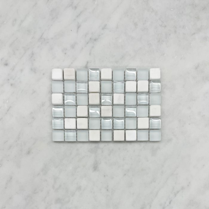 (Sample) White Glass Mix White Marble 5/8 Square Mosaic Tile