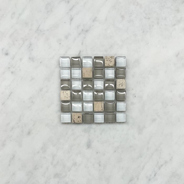 (Sample) White Gray Glass Mix Beige Travertine 5/8 Square Mosaic Tile