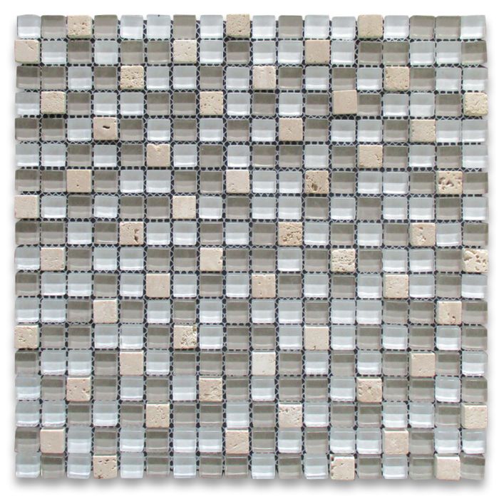 White Gray Glass Mix Beige Travertine 5/8 Square Mosaic Tile