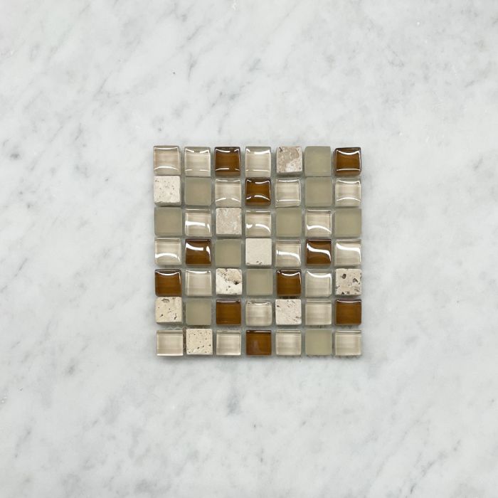(Sample) White Brown Glass Mix Beige Travertine 5/8 Square Mosaic Tile