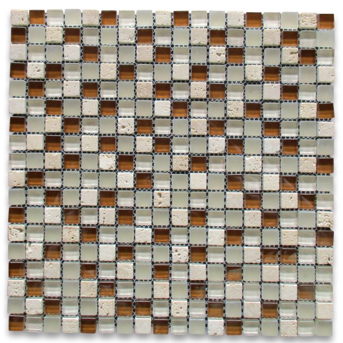 White Brown Glass Mix Beige Travertine 5/8 Square Mosaic Tile