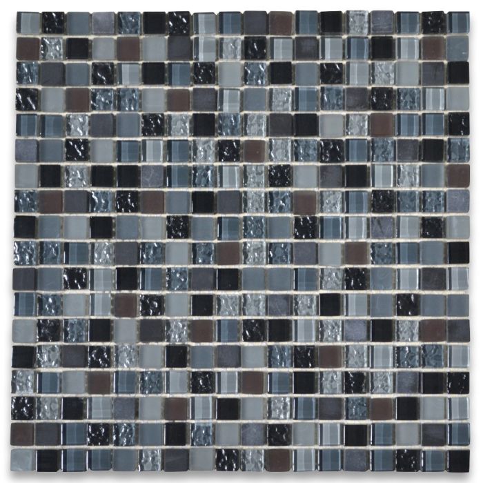 Brown Grey Light Blue Glass Mix Nero Marquina Marble 5/8 Square Mosaic Tile