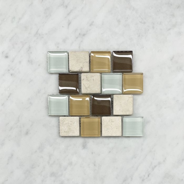 (Sample) White Brown Yellow Glass Mix Beige Travertine 1-1/4 Square Brick Mosaic Tile