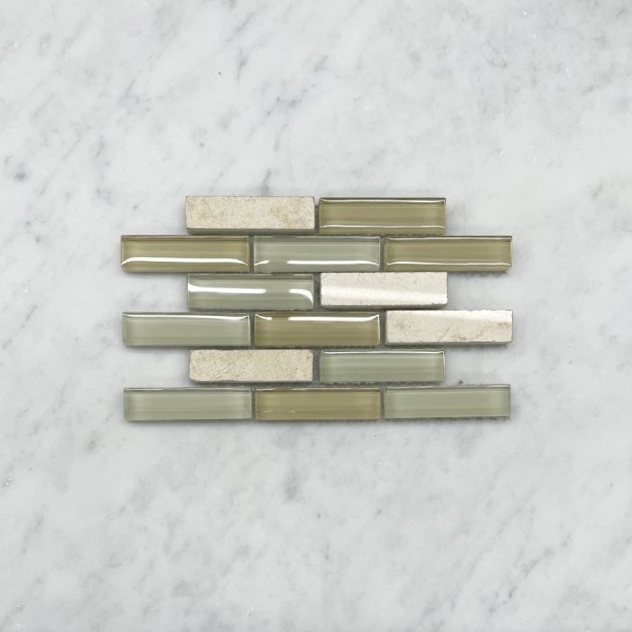 (Sample) White Yellow Glass Mix Beige Marble 5/8x2-1/4 Brick Mosaic Tile