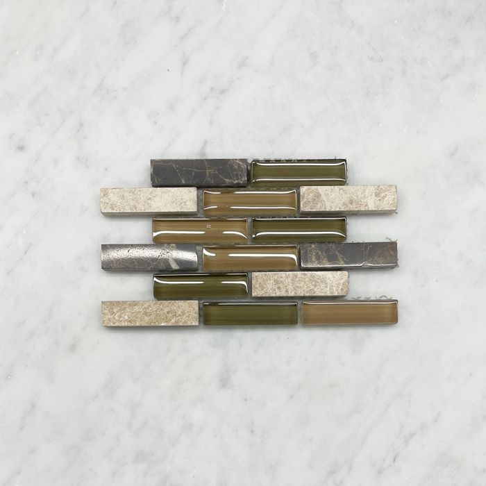 (Sample) Green Brown Glass Mix Emperador Dark Marble 5/8x2-1/4 Brick Mosaic Tile