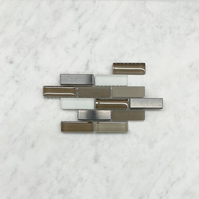 (Sample) Brown Grey White Glass Mix Stainless Steel and Grey Wood Grain Marble Brick Mosaic Tile