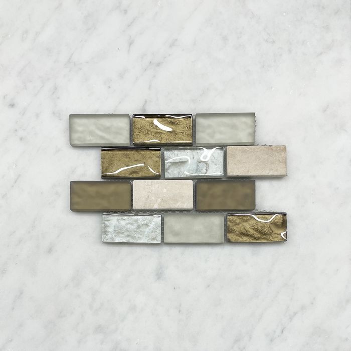 (Sample) White Gray Brown Glass Mix Beige Travertine 1x2 Brick Mosaic Tile