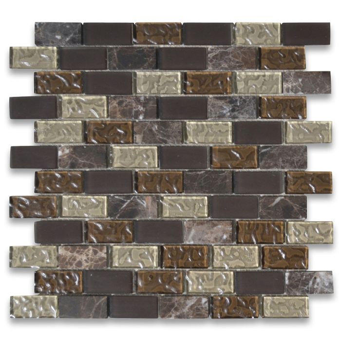 Gray Brown Glass Mix Emperador Dark Marble 1x2 Brick Mosaic Tile