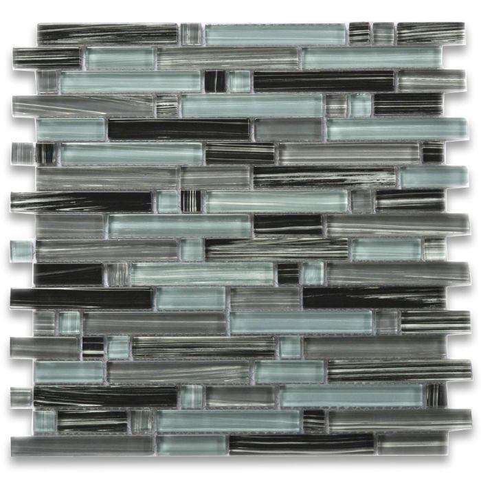 Grey Blue and Black Glass Random Brick Mosaic Tile