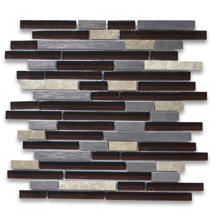 Dark Brown Glass Mix Emperador Light Marble and Silver Stainless Steel Random Brick Mosaic Tile