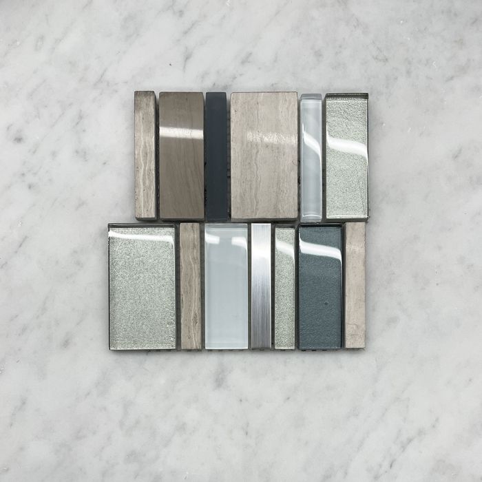 (Sample) Multicolor Glass Mix Wood Vein Marble and Stainless Steel Random Brick Mosaic Tile