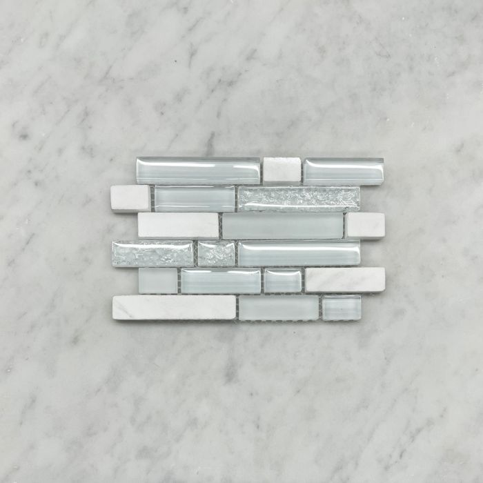 (Sample) White and Crackled Glass Mix White Marble Random Brick Mosaic Tile