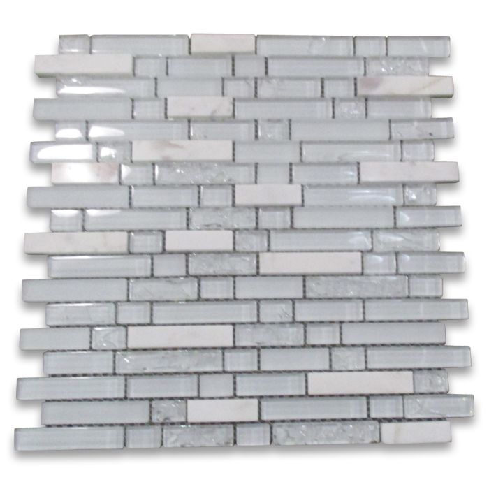 White and Crackled Glass Mix White Marble Random Brick Mosaic Tile