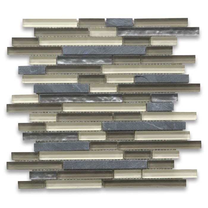 Tan Beige Grey Glass Mix Gray Slate Random Brick Mosaic Tile