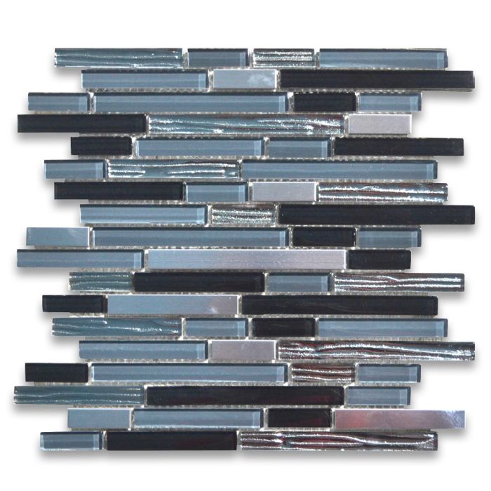 Blue Gray Glass Mix Electroplate and Stainless Steel Random Brick Mosaic Tile