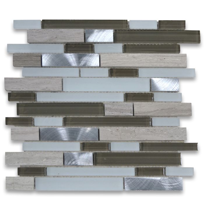 Ash Brown White Glass Mix Grey Wood Grain Marble and Aluminum Modern Brick Mosaic Tile