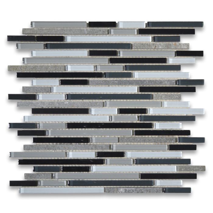 Grey Black White Glass Mix Slate and Stainless Steel Random Linear Brick Mosaic Tile