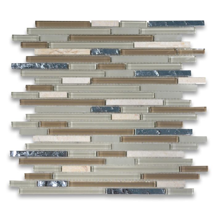 Beige Brown Glass Mix Electroplate and Sunny Yellow Marble Random Linear Brick Mosaic Tile