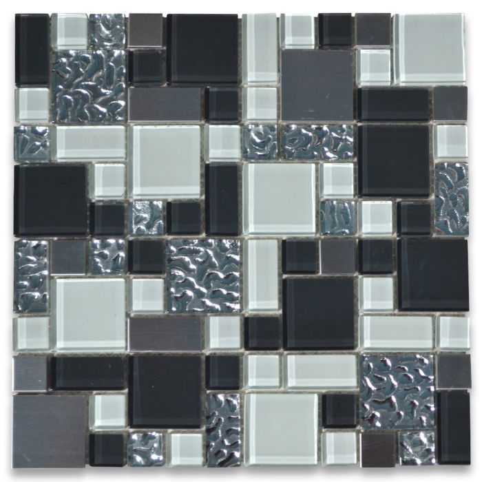 Gray White Glass Mix Electroplate and Stainless Steel Paragon Mosaic Tile
