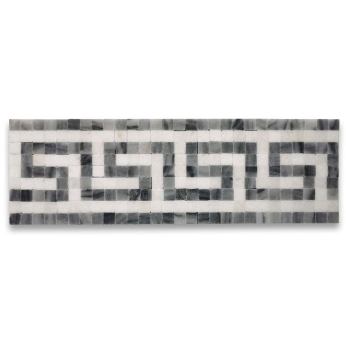 Greek Key Thassos White Bardiglio Gray 3.5x11 Marble Mosaic Border Listello Tile Honed