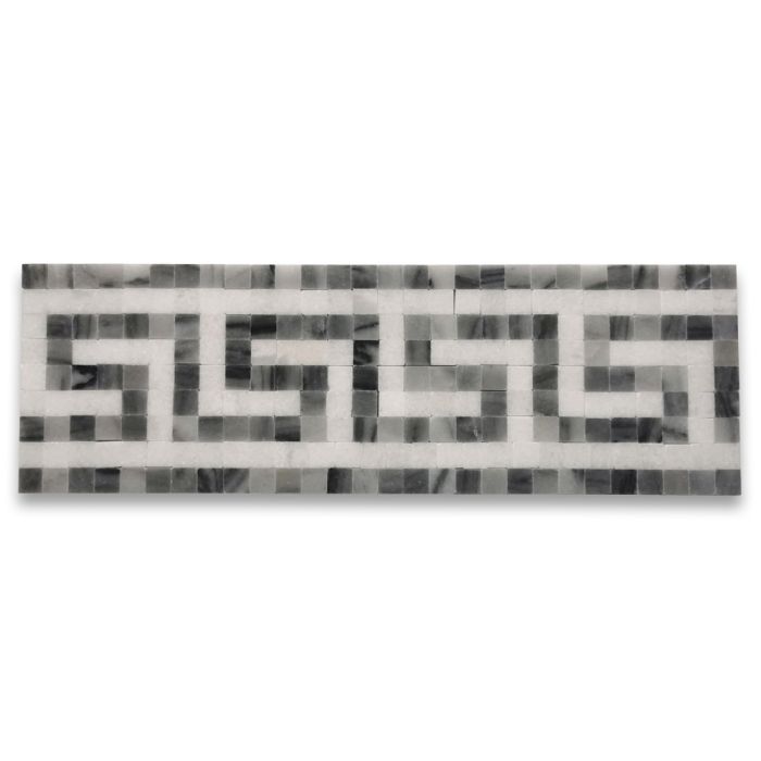 Greek Key Thassos White Bardiglio Gray 3.5x11 Marble Mosaic Border Listello Tile Polished