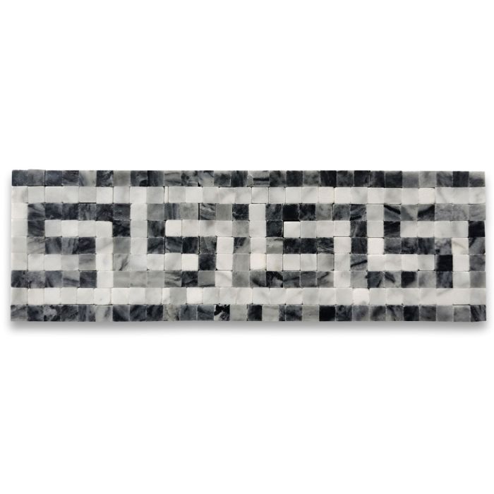 Greek Key Carrara White Bardiglio Gray 3.5x11 Marble Mosaic Border Listello Tile Polished