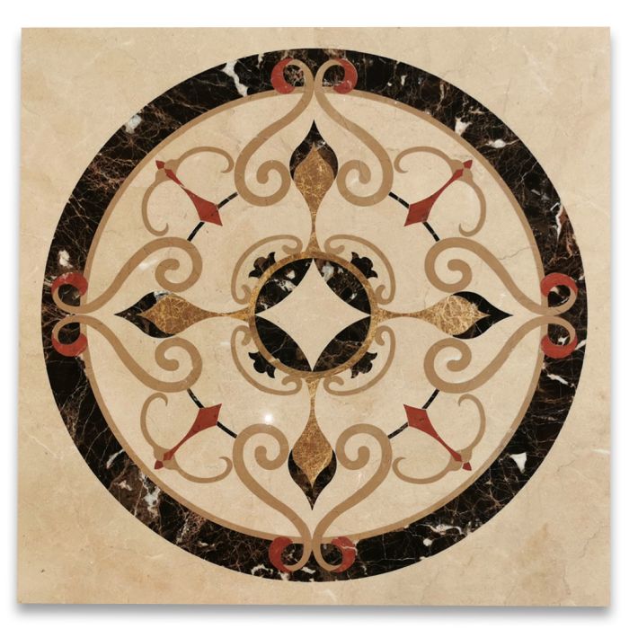 Versailles Emperador Gold Marble Medallion Inlay Waterjet Art Piece 36 inch Square Polished