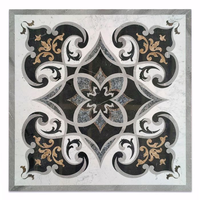 Orchid Carrara White Marble Medallion Inlay Waterjet Art Piece 36 inch Square Polished