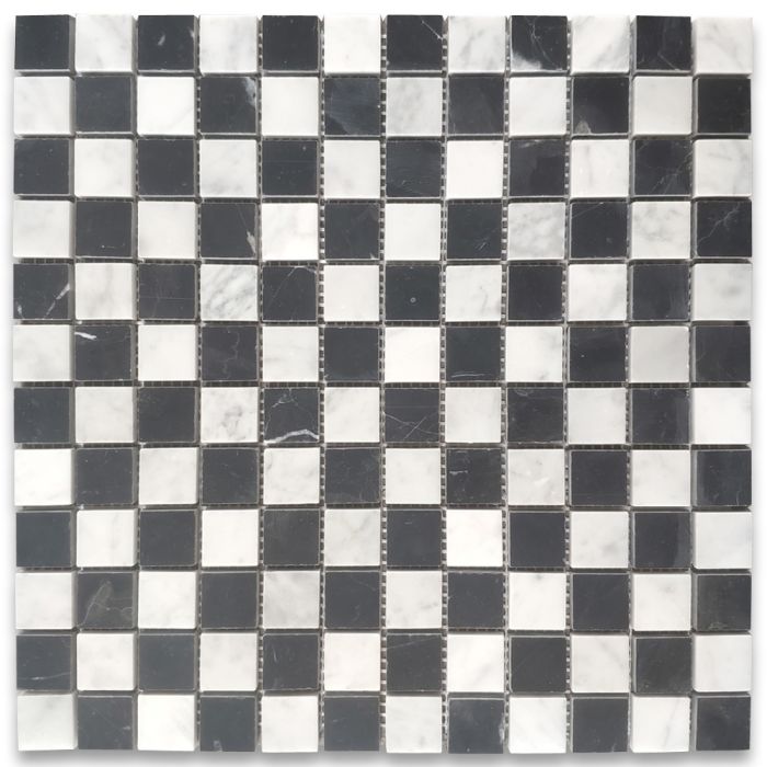 Carrara White Nero Marquina Black Marble 1x1 Checkerboard Mosaic Tile Honed