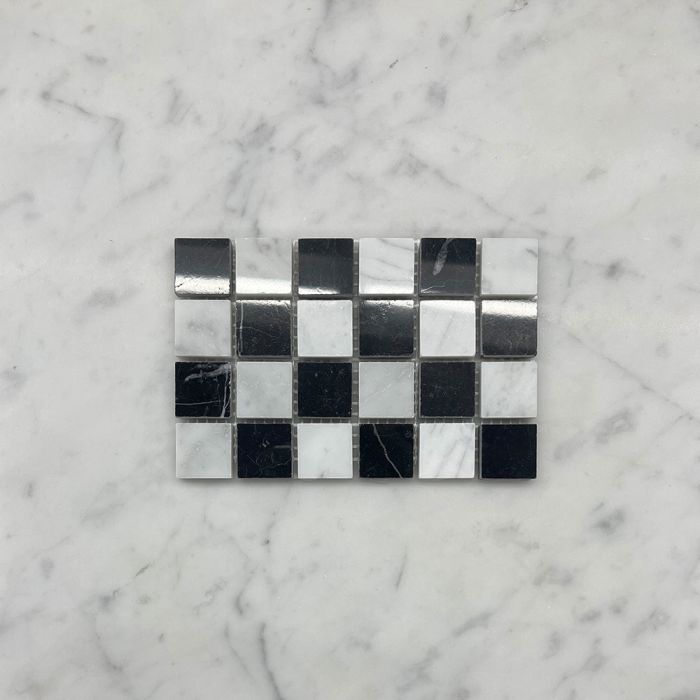 (Sample) Carrara White Nero Marquina Black Marble 1x1 Checkerboard Mosaic Tile Polished