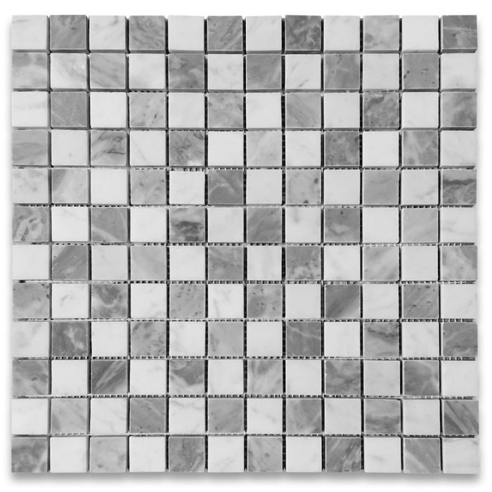 Carrara White Bardiglio Gray Marble 1x1 Checkerboard Mosaic Tile Honed