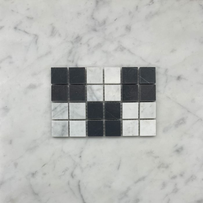 (Sample) Carrara White Nero Marquina Black Marble 1x1 Grid Mosaic Tile Honed