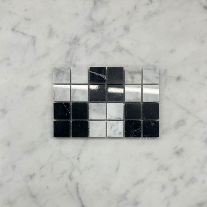 (Sample) Carrara White Nero Marquina Black Marble 1x1 Grid Mosaic Tile Polished