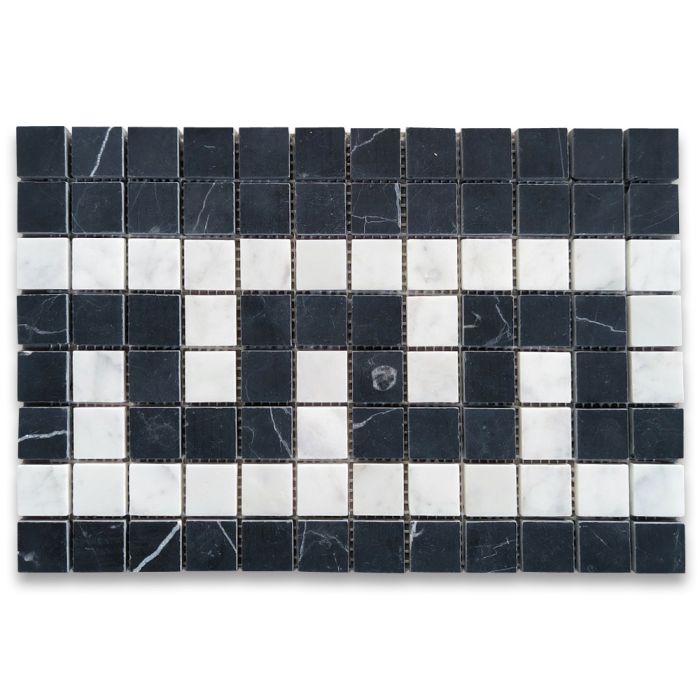 Carrara White Marble 8x12 Greek Key Mosaic Border Listello Tile w/ Nero Marquina Black Honed