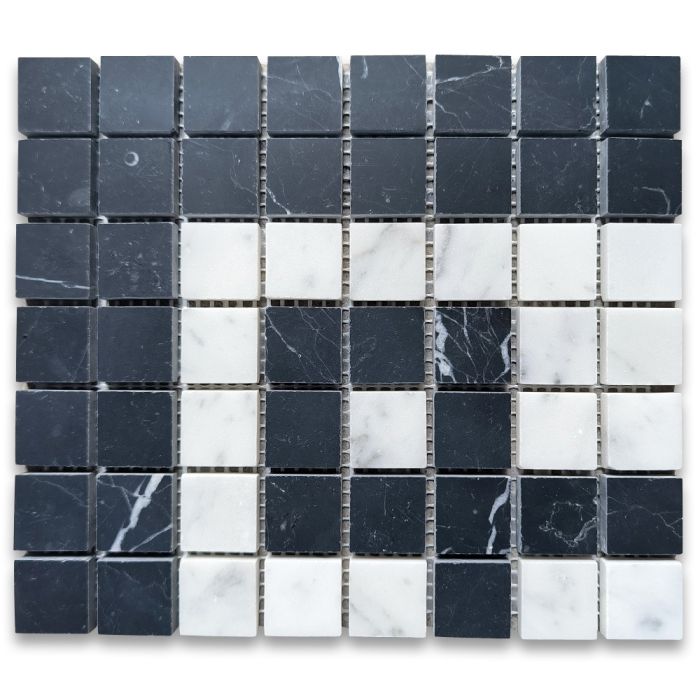 Carrara White Marble 7x8 Greek Key Mosaic Corner Tile w/ Nero Marquina Black Honed
