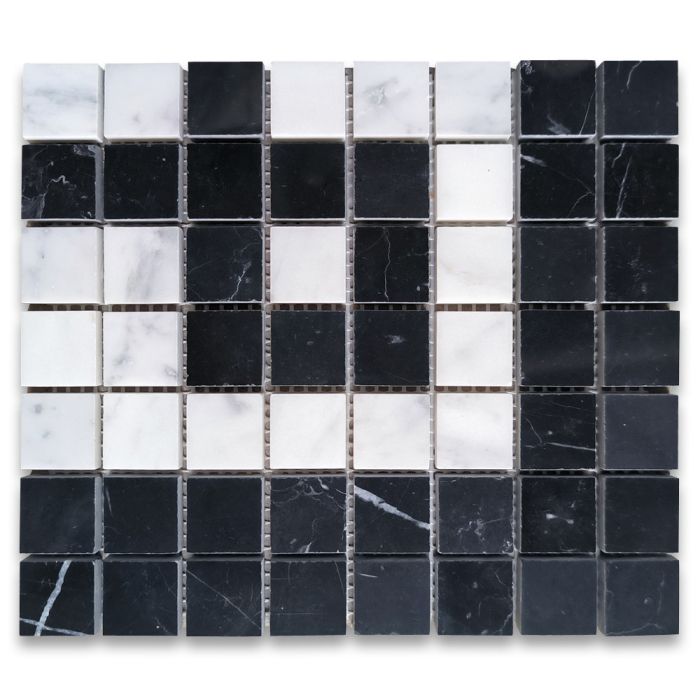 Carrara White Marble 7x8 Greek Key Mosaic Corner Tile w/ Nero Marquina Black Polished