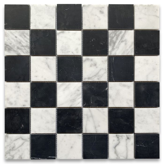 Carrara White & Nero Marquina Black Marble 2x2 Checkerboard Mosaic Tile Honed