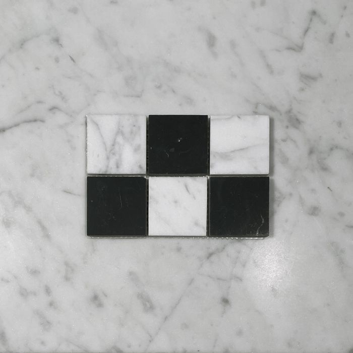 (Sample) Carrara White & Nero Marquina Black Marble 2x2 Checkerboard Mosaic Tile Honed