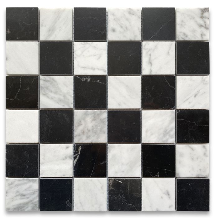 Carrara White & Nero Marquina Black Marble 2x2 Checkerboard Mosaic Tile Polished