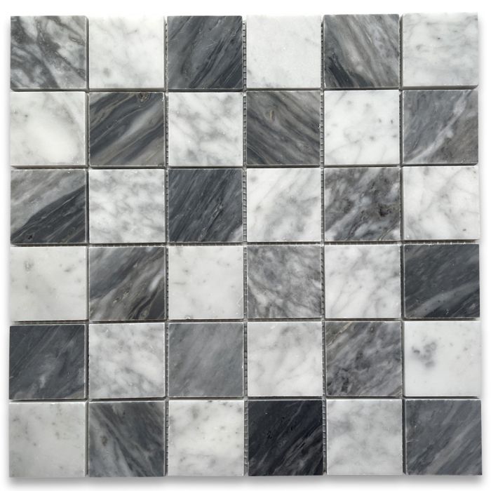Carrara White & Bardiglio Gray Marble 2x2 Checkerboard Mosaic Tile Honed