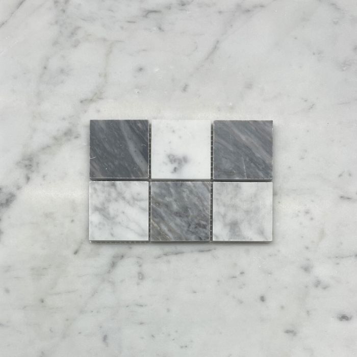 (Sample) Carrara White & Bardiglio Gray Marble 2x2 Checkerboard Mosaic Tile Honed