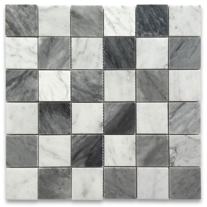 Carrara White & Bardiglio Gray Marble 2x2 Checkerboard Mosaic Tile Polished