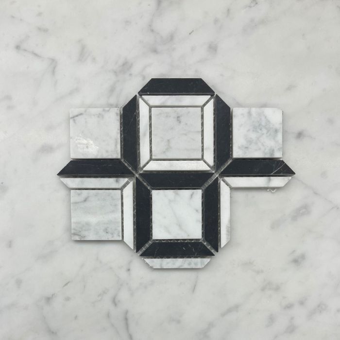 (Sample) Carrara White Marble 2 inch Square Ventura Carlyle Geometry Mosaic Tile w/ Nero Marquina Black Honed