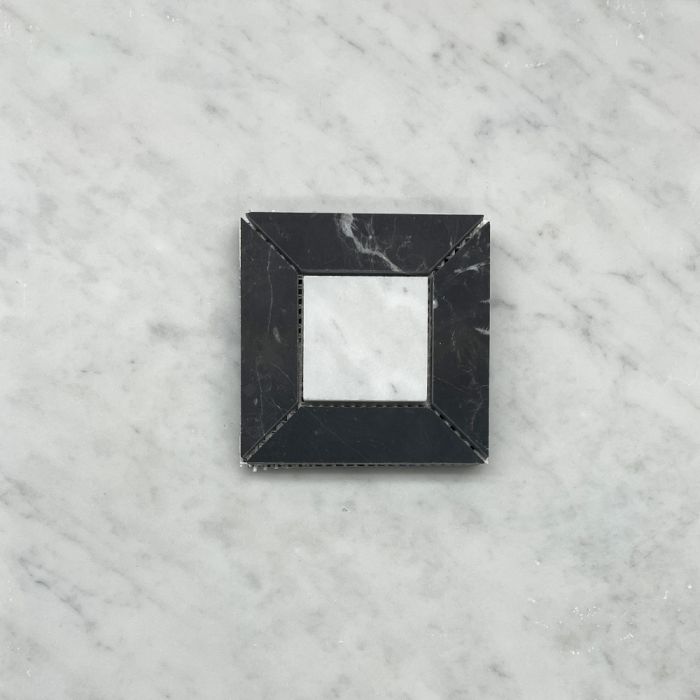 (Sample) Carrara White Marble 2 inch Square Doheny Mosaic Tile w/ Nero Marquina Black Honed