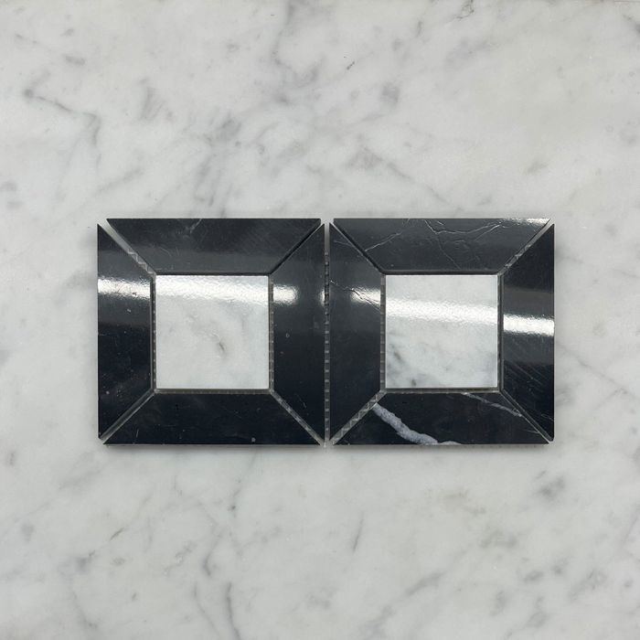 (Sample) Carrara White Marble 2 inch Square Doheny Mosaic Tile w/ Nero Marquina Black Polished