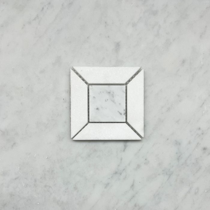 (Sample) Carrara White Marble 2 inch Square Doheny Mosaic Tile w/ Thassos White Honed