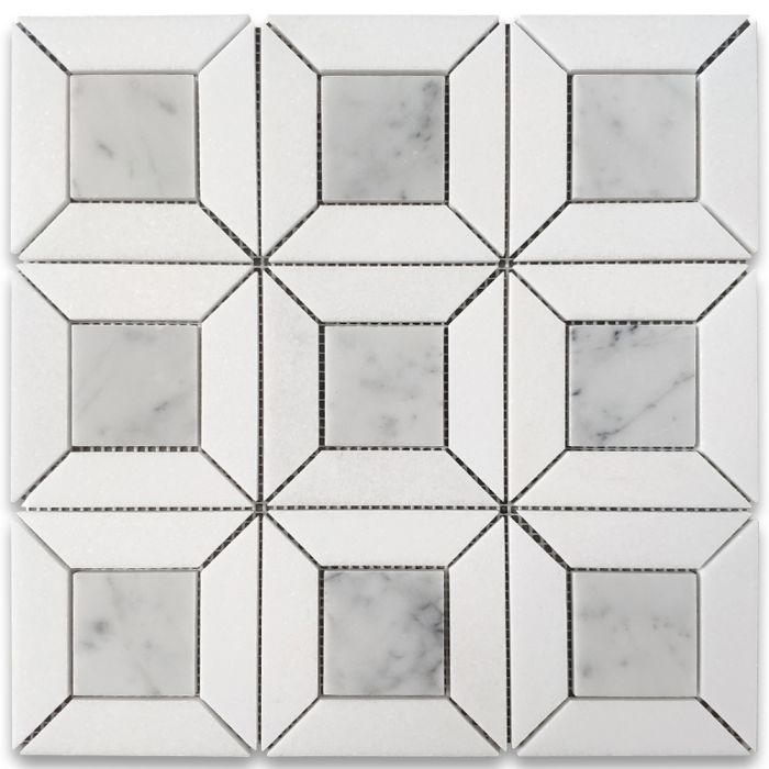 Carrara White Marble 2 inch Square Doheny Mosaic Tile w/ Thassos White Polished