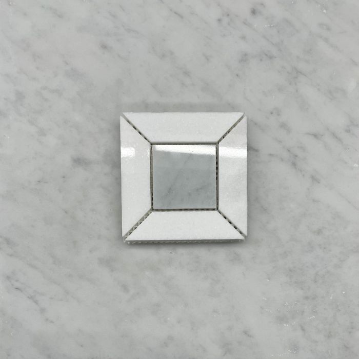 (Sample) Carrara White Marble 2 inch Square Doheny Mosaic Tile w/ Thassos White Polished