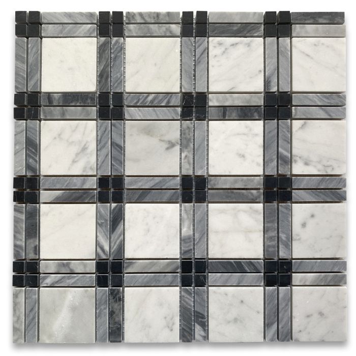 Carrara White Marble Plaid Tartan Mosaic Tile w/ Bardiglio Gray and Nero Marquina Black Honed