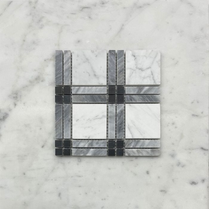 (Sample) Carrara White Marble Plaid Tartan Mosaic Tile w/ Bardiglio Gray and Nero Marquina Black Honed